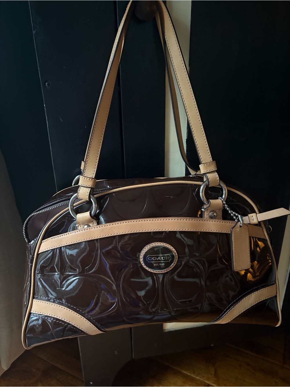 Coach Peyton Brown Patent Leather Satchel Tan Trim Shoulder Bag